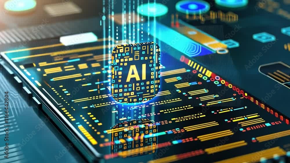 Poster artificial intelligence technology for trading and market analysis on a tablet with a chart. the tex