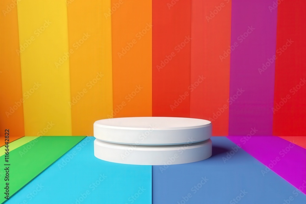 Poster colorful rainbow background with white platform for product showcase and display in vibrant color pa