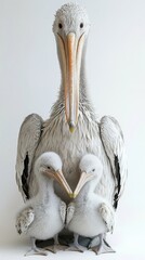 A pelican stands proudly with two fluffy chicks, showcasing a nurturing family moment.
