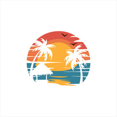 Creative Sunset Palm Tree Logo Suitable for Summer Events, Beach Bars, and Tropical Destinations
