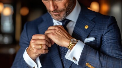 A well-dressed man adjusting his cufflinks and watch.