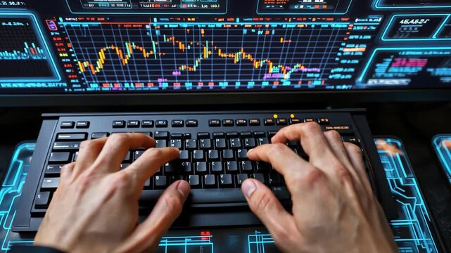 hands typing on keyboard with a digital interface showing the stock exchange graphs, charts, and icons for financial data analysis ,generative ai	

