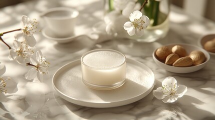 White cream on plate with almonds & flowers on marble table in sunshine.