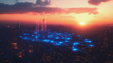 Fototapeta premium Smart Innovation city with connection cyber security network reciprocity over the sunset cityscape future wireless digital city and social media networking systems that connects people in the city