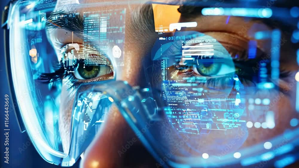 Poster close up of futuristic glasses showcasing digital data and technology, reflecting innovation and adv