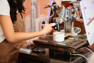 barista brewing fresh coffee in a cozy cafe setting. Showcasing coffee preparation, cafe