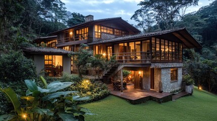 Obraz premium A cozy, modern mountain house surrounded by lush greenery at dusk.