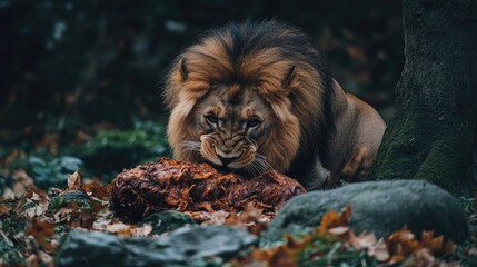 Fototapeta premium A lion gnawing on a large piece of meat amidst a natural setting.