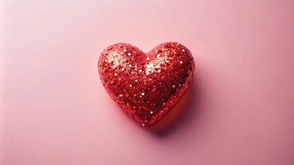 Fototapeta premium A sparkling red glitter heart on a soft pink background, perfect for romantic celebrations or expressing love and affection.