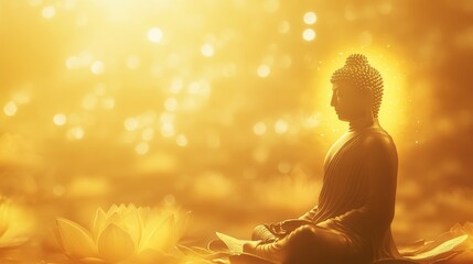 Buddha statue meditate with golden aura on yellow lotus background with light bokeh