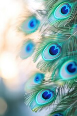 Obraz premium Close-up of vibrant peacock feathers showcasing intricate patterns and colors.