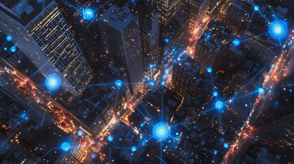 Smart Innovation city with connection cyber security network reciprocity over the sunset cityscape future wireless digital city and social media networking systems that connects people  in the city