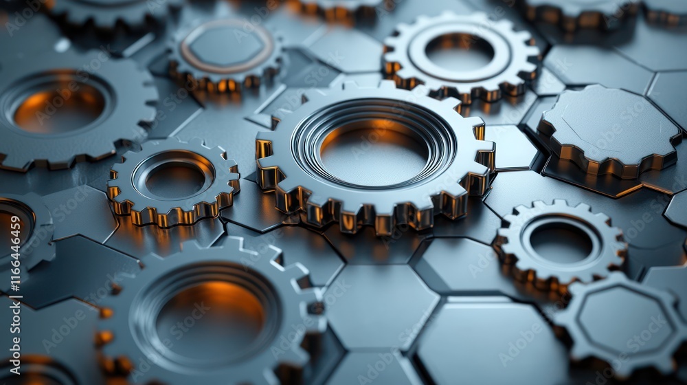 Poster intricate metallic gears intermeshing on a hexagonal surface: a close-up view of precision engineeri