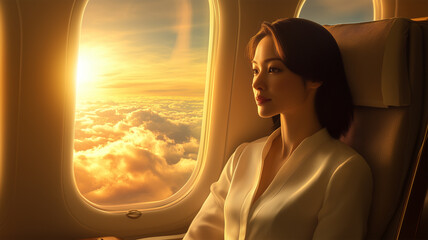 Fototapeta premium 朝日を浴びる機内の日本人女性