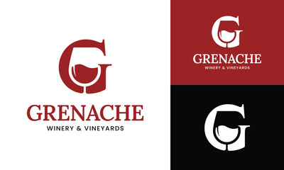 Letter Initial G Wine Glass Logo Design Template. Suitable for Bar Restaurant Cafe Winery Vineyard Pub Club Business Brand Company Logo Design.