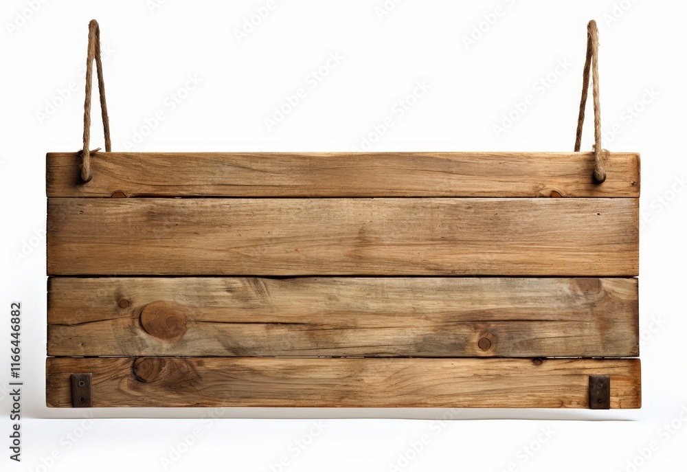 Poster isolated wooden sign on white background with twisted rope hanging from top for versatile use in var