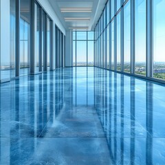 Modern Office Building Interior with Panoramic City View and Polished Floor