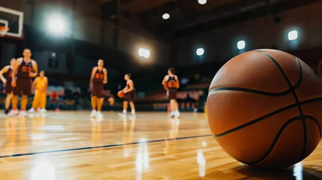 A basketball is sitting on the floor in front of a group of people playing basketball. Scene is energetic and competitive, as the players are focused on the game