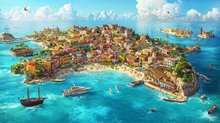 Obraz premium Idyllic Island Village Coastal Town Harbor Beach Boats Sun