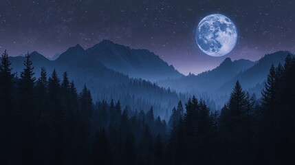A serene night landscape featuring mountains and a large moon illuminating the forest below.