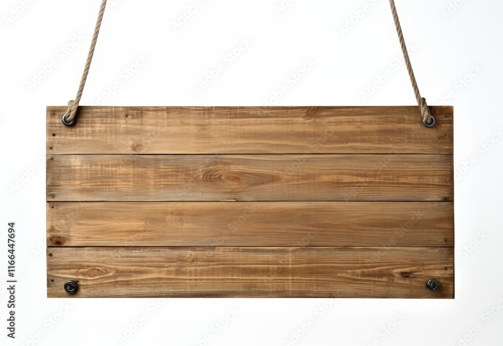 Poster isolated wooden signboard hanging on ropes with a plain white background perfect for customization o