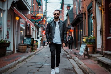 A stylish man walks down a narrow, cobblestone street lined with shops and buildings. He's wearing a black leather jacket, white t-shirt, dark pants, and white sneakers.