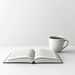 Open Book and Coffee Cup on White Surface - Minimalist Still Life