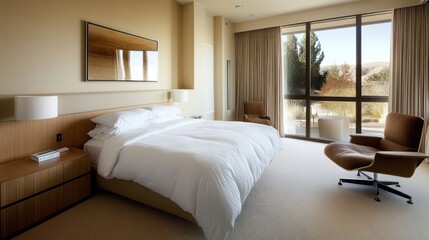 Fototapeta premium Modern bedroom with a minimalistic design and large windows overlooking nature.