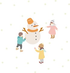 Fototapeta premium アイソメトリック 冬 雪 遊び 家族 ファミリー キッズ 人物 男性 女性 子供 イラスト素材