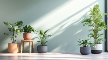 Obraz premium A serene indoor space showcasing various potted plants against a soft green wall.