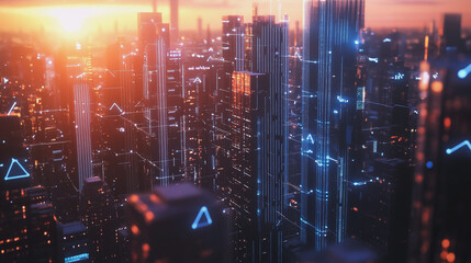 Smart Innovation city with connection cyber security network reciprocity over the sunset cityscape future wireless digital city and social media networking systems that connects people  in the city