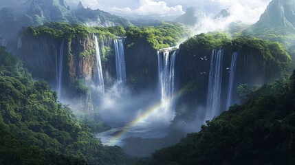 Fototapeta premium A breathtaking landscape featuring lush waterfalls, greenery, and a rainbow.