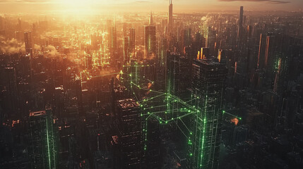 Obraz premium Smart Innovation city with connection cyber security network reciprocity over the sunset cityscape future wireless digital city and social media networking systems that connects people in the city