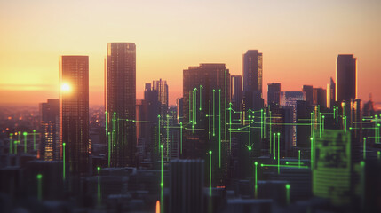 Fototapeta premium Smart Innovation city with connection cyber security network reciprocity over the sunset cityscape future wireless digital city and social media networking systems that connects people in the city