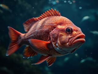 Ruby snapper fish swimming and devouring fishing bait