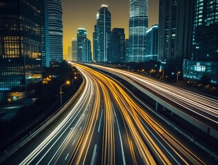 Fototapeta premium bustling highway in a modern city at night, streaks of car lights creating a dynamic flow, illuminated skyscrapers in the background,