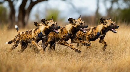 A group of wild dogs running joyfully through tall grass in a natural setting.