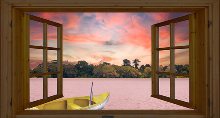 Enjoying a Serene Sunset View from the Open Windows while Watching a Boat on the Horizon