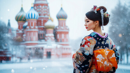 Obraz premium 冬の赤の広場と着物姿の日本人女性