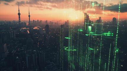 Obraz premium Smart Innovation city with connection cyber security network reciprocity over the sunset cityscape future wireless digital city and social media networking systems that connects people in the city