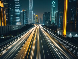 Obraz premium bustling highway in a modern city at night, streaks of car lights creating a dynamic flow, illuminated skyscrapers in the background,