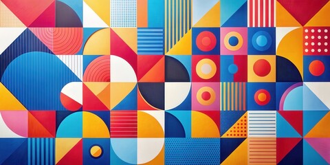 Obraz premium Vibrant Geometric Pattern Featuring Circles, Squares, and Stripes in a Bold Color Palette