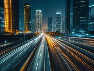 Fototapeta premium bustling highway in a modern city at night, streaks of car lights creating a dynamic flow, illuminated skyscrapers in the background,