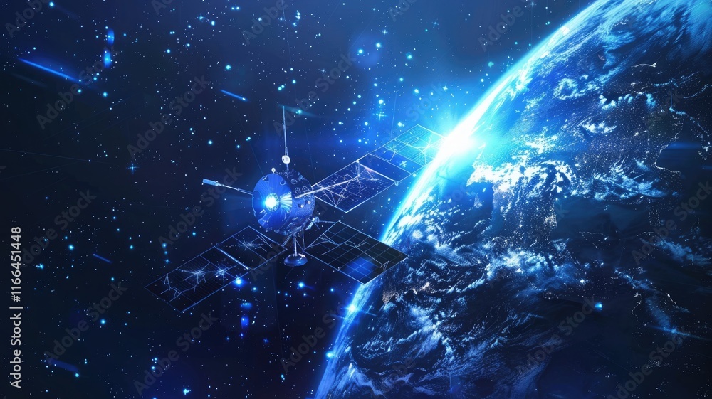 Poster the digital orbital satellite or technology of global information in space. tech style color represe