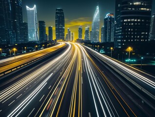 Obraz premium bustling highway in a modern city at night, streaks of car lights creating a dynamic flow, illuminated skyscrapers in the background, 