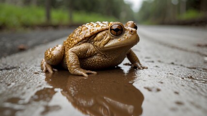 Obraz premium In the Puddles: The Houston Toad’s Rainy Day Trek