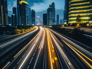 Obraz premium bustling highway in a modern city at night, streaks of car lights creating a dynamic flow, illuminated skyscrapers in the background, 