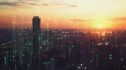 Obraz premium Smart Innovation city with connection cyber security network reciprocity over the sunset cityscape future wireless digital city and social media networking systems that connects people in the city