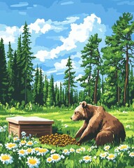A bear near a beehive in a vibrant forest meadow filled with flowers under a blue sky.