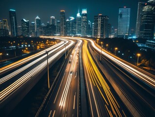 Fototapeta premium bustling highway in a modern city at night, streaks of car lights creating a dynamic flow, illuminated skyscrapers in the background, 